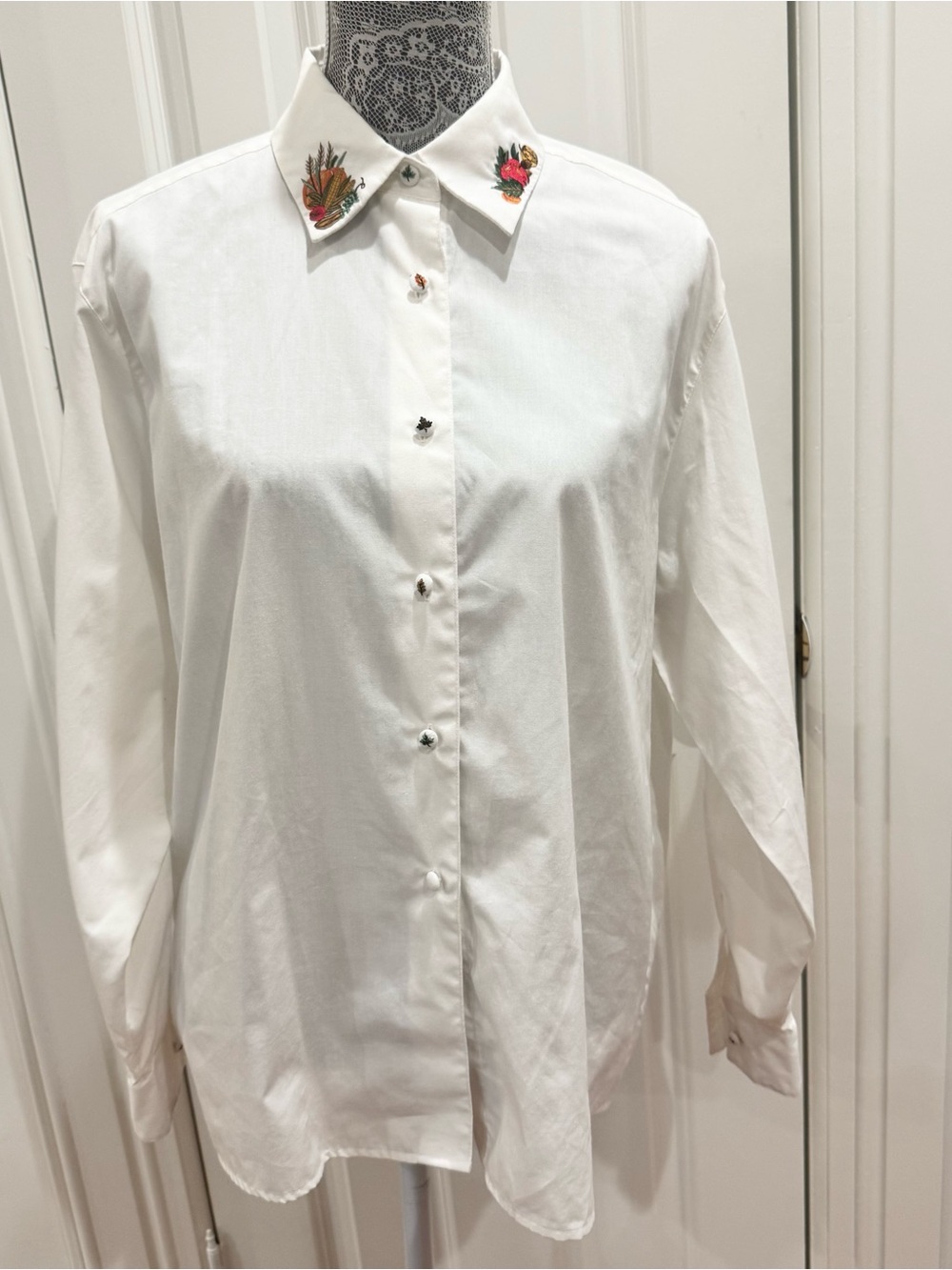 Foxcroft White Button-Up Shirt with Fall Embroidered Motifs Sz. 14
Cottagecore